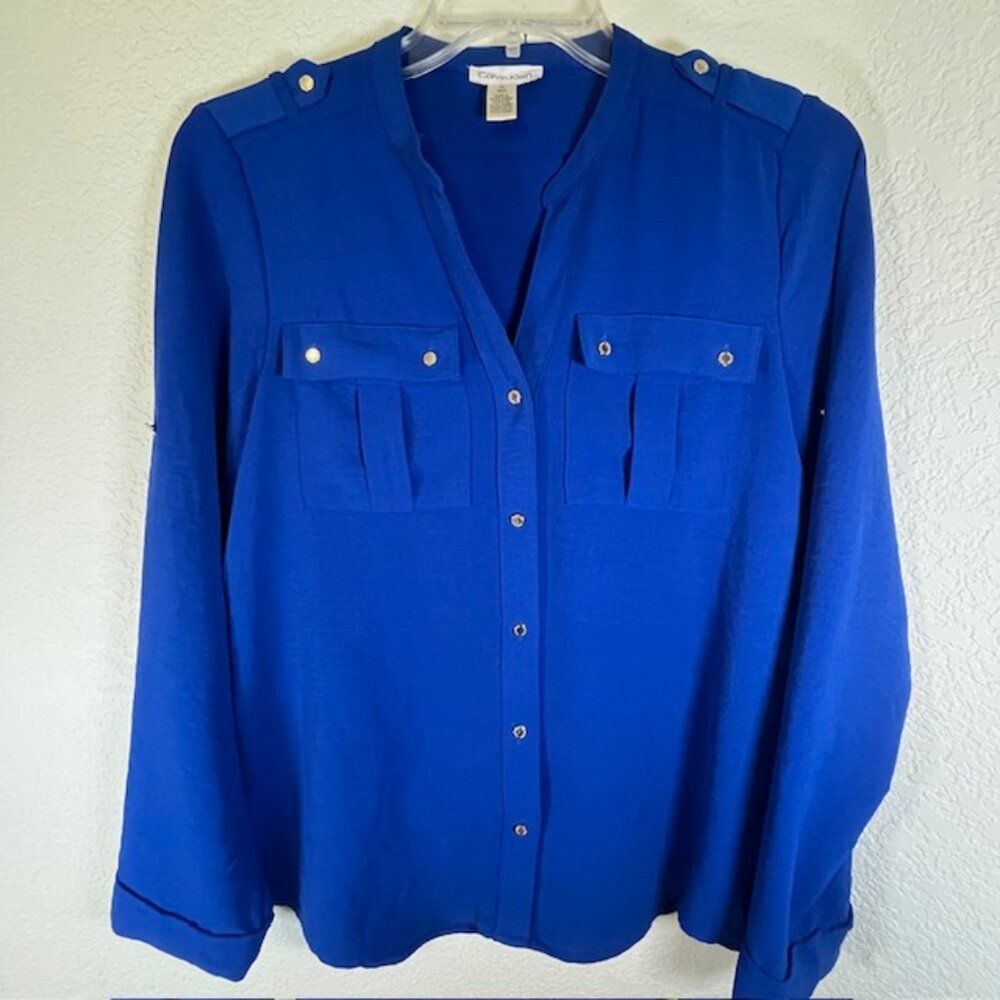 Calvin Klein Blue Blouse W/ Shoulder Epaulets and Front Pockets- Size M